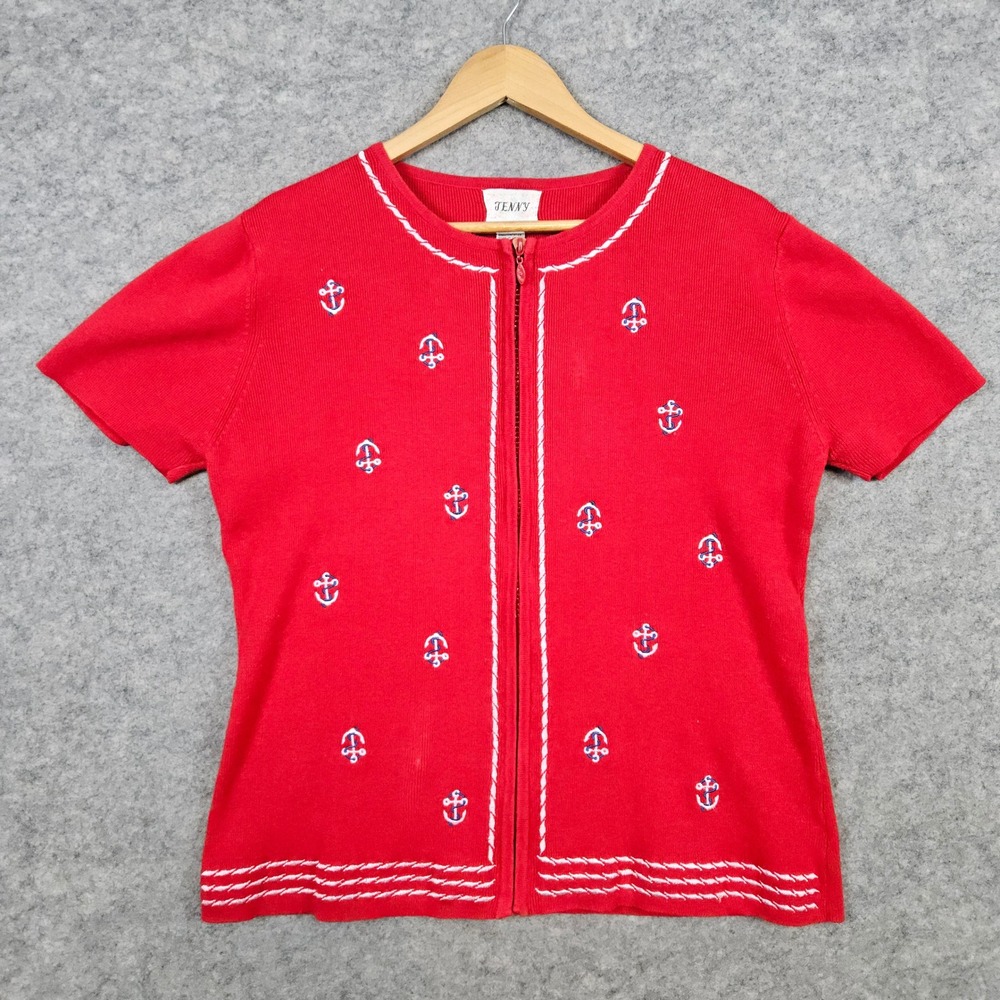 Jenny Women's Red Zip Front Cardigan Size L Anchors Nautical‎ Cotton Blend SPOT